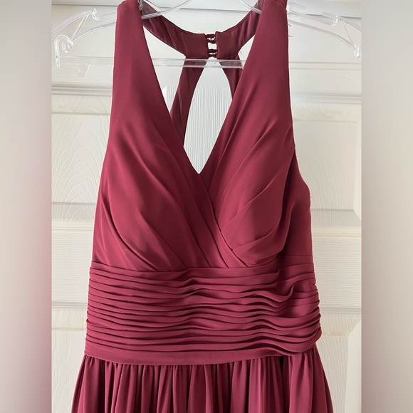 Azazie A-Line Pleated Chiffon Maxi Bridesmaid Dress Burgundy Size 2 - Picture 4 of 11